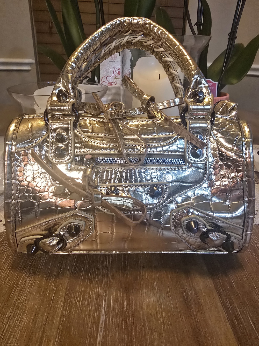 Metallic Gold Croc-Embossed Mini Satchel Handbag